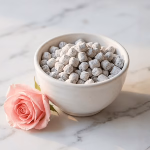 rose-athonite-incense-5 A white ceramic bowl of handcrafted Rose incense, with a beautiful, fresh, pink rose on a white marble surface.