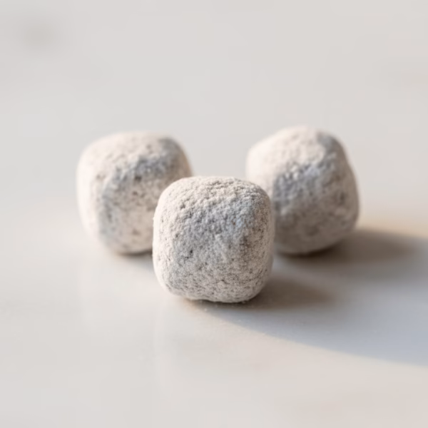 An extreme macro shot of hand-cut Rose incense pieces, highlighting their texture and magnesia coating on a smooth white surface.