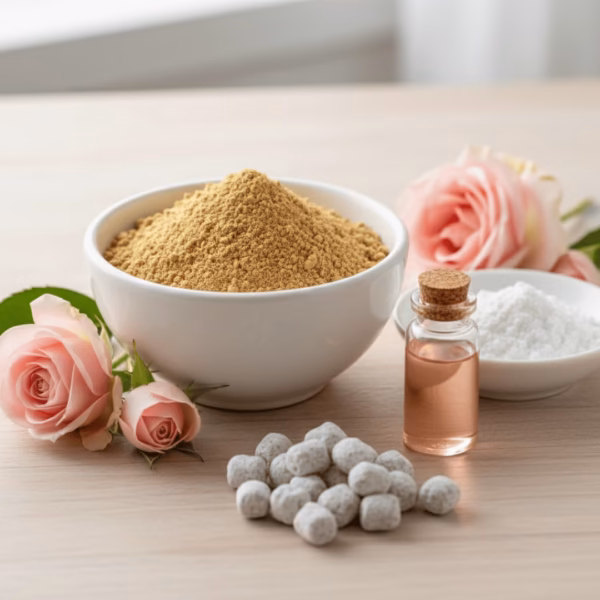 An authentic origin shot showing the ingredients of Rose incense: frankincense powder, magnesia, rose essential oil, and the finished incense, arranged with beautiful, fresh pink roses.