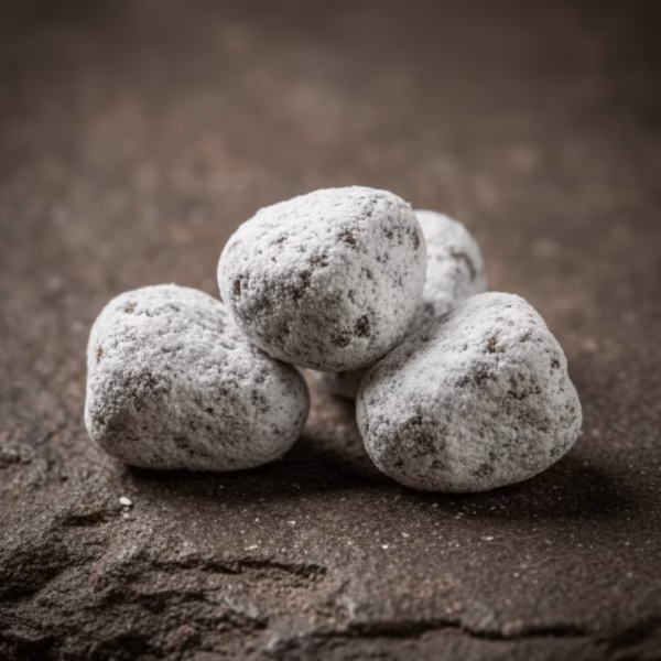 An extreme macro shot of hand-cut Nard incense pieces, showing the texture and magnesia coating on a rough, dark stone surface.