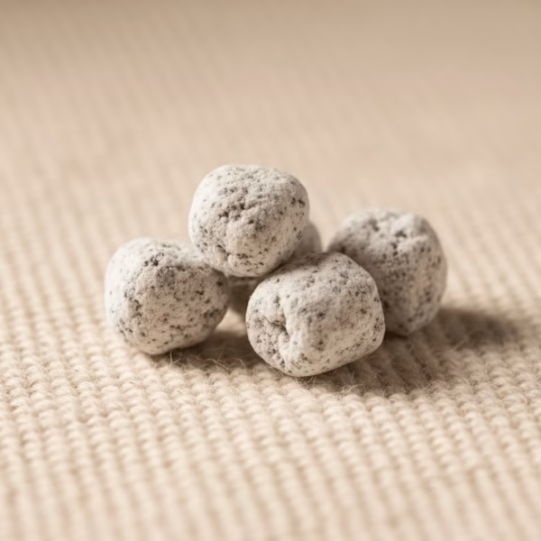 carnation-incense-macro-detail-5 An extreme macro shot of Carnation incense pieces, highlighting their texture and white magnesia coating on a cream wool fabric.