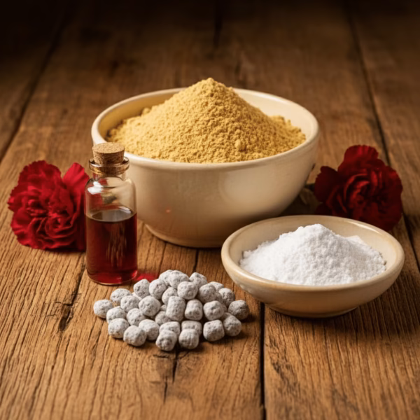 carnation-incense-inspiration-5 An authentic origin shot showing the ingredients of Carnation incense: frankincense powder, magnesia, a vial of carnation essential oil, and the finished incense, arranged with two fresh red carnations.
