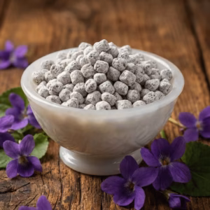 violet-athonite-incense-5 Violet Incense pieces in an ornate, milky-white glass bowl on a rustic wooden surface, surrounded by a handful of fresh violet flowers.