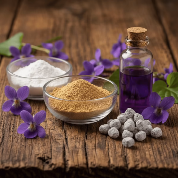 violet-incense-inspiration-5 The ingredients of our Violet Incense arranged on a rustic wooden surface: Frankincense powder, magnesia, and violet essential oil. Along with several pieces of the finished Violet Incense and fresh violet flowers.