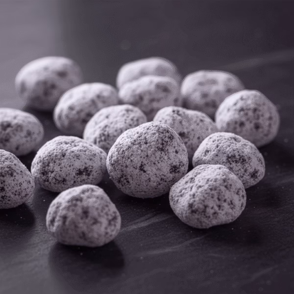 A macro, close-up shot of hand-cut Night Flower incense pieces, showing their magnesia coating.