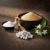The Ingredients of Night Flower Incense: Pure frankincense powder, night flower essential oil, and magnesia powder arranged on a dark wooden surface along with the finished Night Flower Incense and a sprig of fresh night flowers.