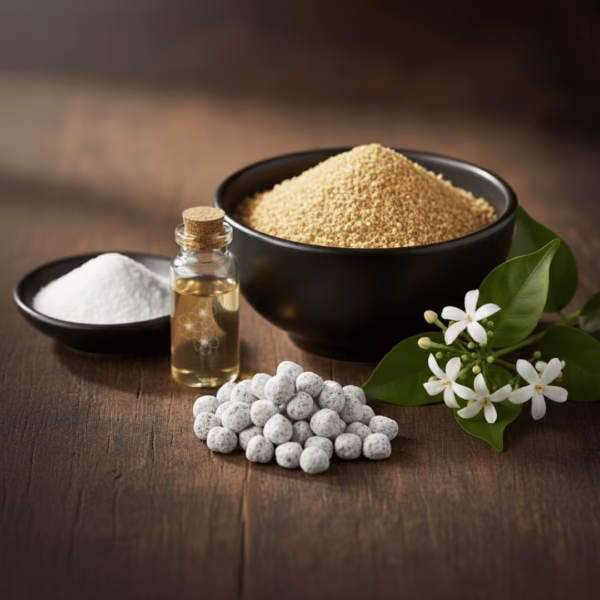 The Ingredients of Night Flower Incense: Pure frankincense powder, night flower essential oil, and magnesia powder arranged on a dark wooden surface along with the finished Night Flower Incense and a sprig of fresh night flowers.