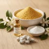 orange-flower-incense-inspiration An authentic origin shot showing the ingredients of Orange Flower incense: frankincense powder, magnesia, orange flower essential oil, the finished incense, and fresh orange blossoms.