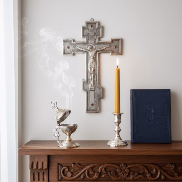 orange-flower-incense-in-use A silver katzion (hand-censer) smoking with Orange Flower incense on an ornate wooden shelf, placed before a silver wall cross. A beautiful beeswax taper burns on the shelf, and an Orthodox Prayer Book also sits next to it.