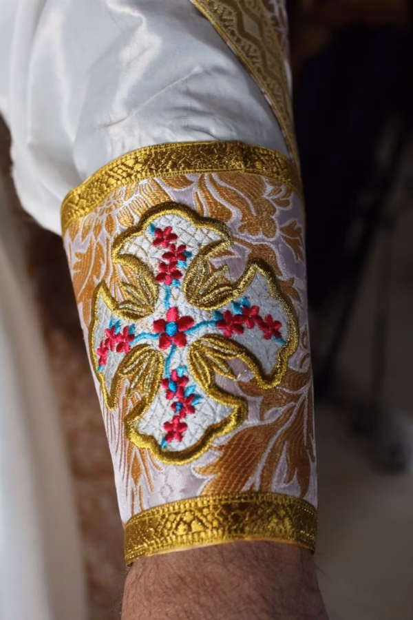 beige orthodox priest vestments cuff detail when worn Custom Orthodox Priest Vestments (Made to Order)