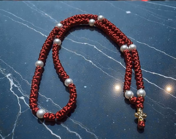 Burgundy 100-Knot Satin Prayer Rope (Komboskini) with Gold-Colored Cross