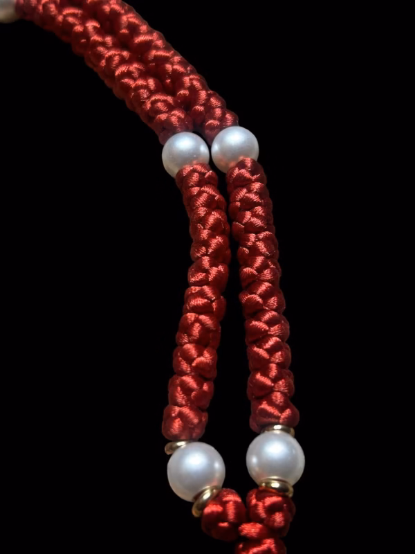 Burgundy 100-Knot Satin Prayer Rope (Komboskini) with Gold-Colored Cross