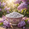 parma-lilac-athonite-incense A beautiful, lilac design bowl of Parma Lilac Athonite Incense surrounded by fresh lilacs and lilac trees.
