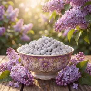 parma-lilac-athonite-incense A beautiful, lilac design bowl of Parma Lilac Athonite Incense surrounded by fresh lilacs and lilac trees.