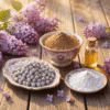 parma-lilac-athonite-incense-inspiration The inspiration for Parma Lilac Athonite Incense: Frankincense pweder, parma lilac essential oil, magnesia powder, and freash lilacs alongside a small plate of the finished incense.