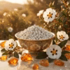 egyptian-amber-athonite-incense A beautiful bowl of Egyptian Amber Incense surrounded with amber pieces and fresh labdanum flowers sits on a polished stone table. In the background, labdanum trees can be seen.