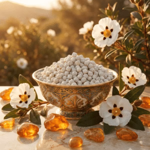 A beautiful bowl of Egyptian Amber Incense surrounded with amber pieces and fresh labdanum flowers sits on a polished stone table. In the background, labdanum trees can be seen.