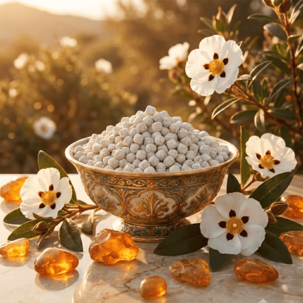 egyptian-amber-athonite-incense A beautiful bowl of Egyptian Amber Incense surrounded with amber pieces and fresh labdanum flowers sits on a polished stone table. In the background, labdanum trees can be seen.