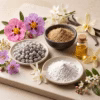 egyptian-amber-incense-inspiration The inspiration for Athonite Egyptian Amber Incense: Incense pieces, presented next to ground frankincense and magnesia powders, Egyptian Amber essential oil, and labdanum, benzoin, and vanilla flowers, along with some vanilla sticks.