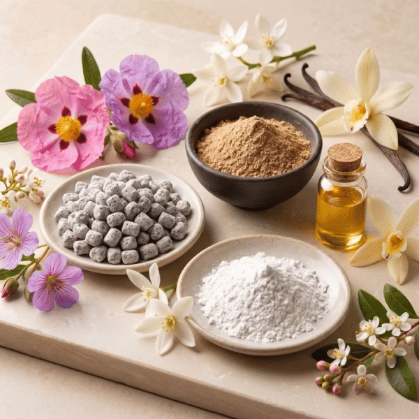egyptian-amber-incense-inspiration The inspiration for Athonite Egyptian Amber Incense: Incense pieces, presented next to ground frankincense and magnesia powders, Egyptian Amber essential oil, and labdanum, benzoin, and vanilla flowers, along with some vanilla sticks.