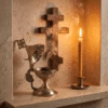 egyptian-amber-incense-in-use Athonite Egyptian Amber incense burning in a katzion (hand censer) in front of a wooden wall cross, while a beeswax candle burns alongside it.
