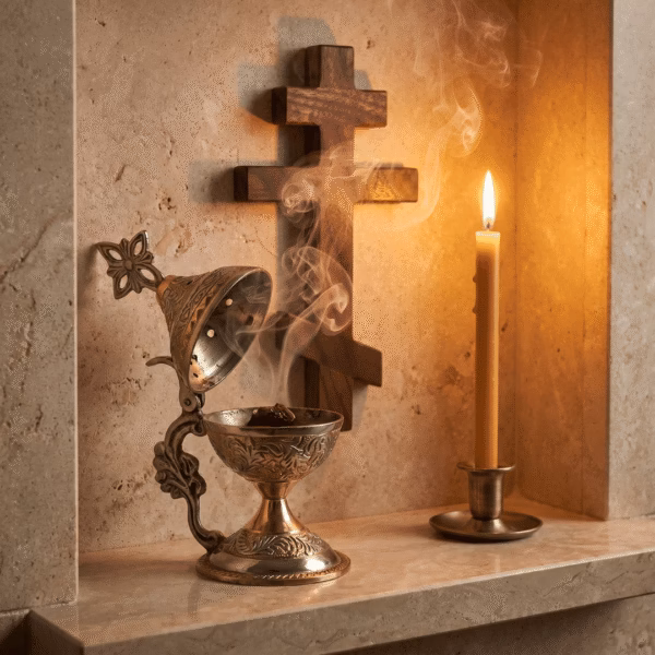 egyptian-amber-incense-in-use Athonite Egyptian Amber incense burning in a katzion (hand censer) in front of a wooden wall cross, while a beeswax candle burns alongside it.