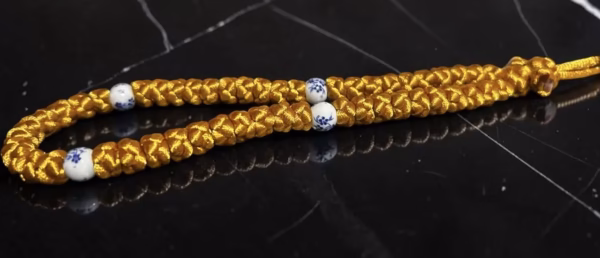 Gold 50-Knot Satin Prayer Rope (Komboskini) with China Pattern Beads