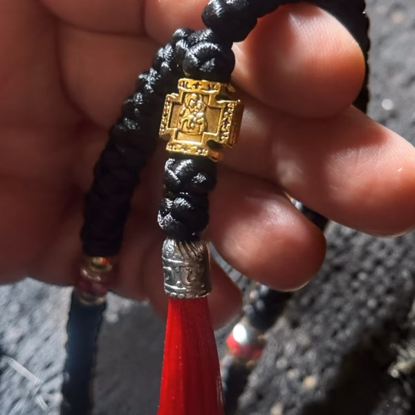 Black 100-Knot Satin Prayer Rope (Komboskini) with Theotokos Cross & Red Tassel