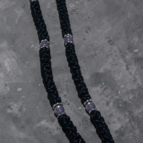Black 100-Knot Satin Prayer Rope (Komboskini) with Violet Pearl Beads & Tassel
