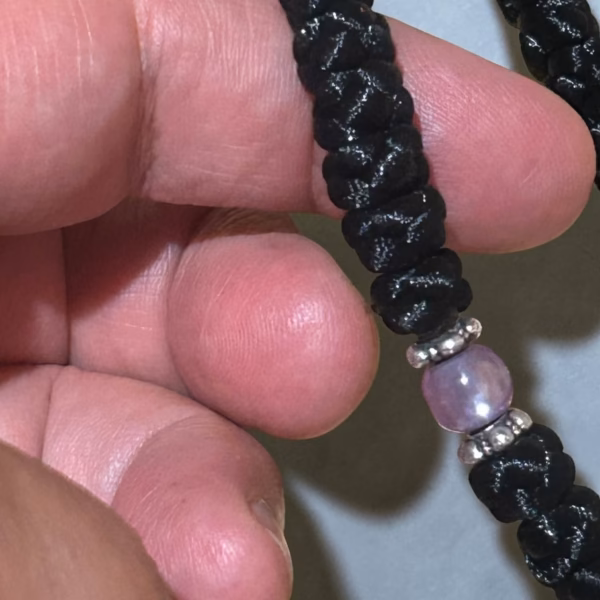 Black 100-Knot Satin Prayer Rope (Komboskini) with Violet Pearl Beads & Tassel