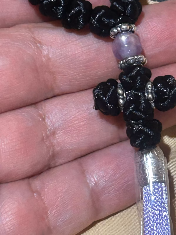 Black 100-Knot Satin Prayer Rope (Komboskini) with Violet Pearl Beads & Tassel